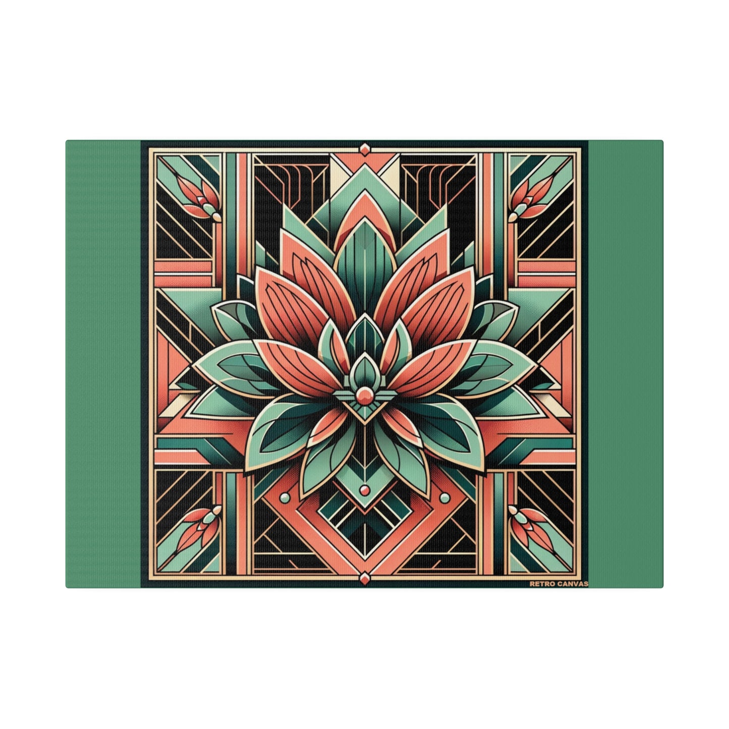 Lotus Art Deco Wall Art on Green Stretched Canvas