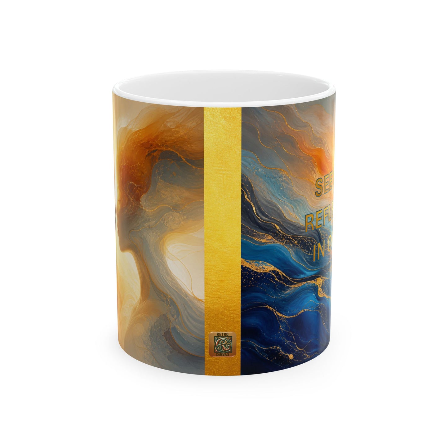 Abstract Ocean Swirls and Reflection Silhouette Mug — Blue & Gold flow Art