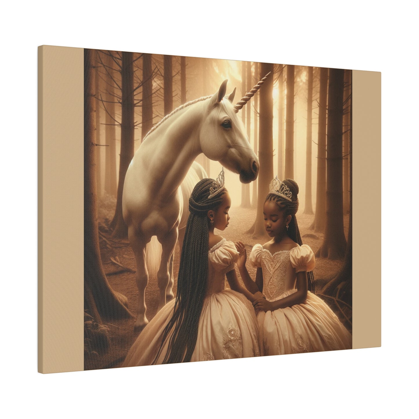 Princesses and Unicorn - Tan Matte Stretched Canvas