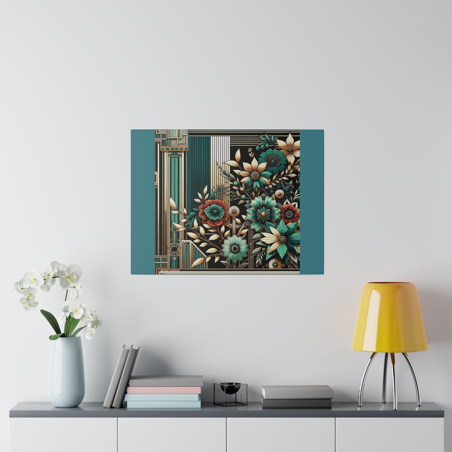 Floral Bouquet Art Deco Wall Art on Black Stretched Canvas