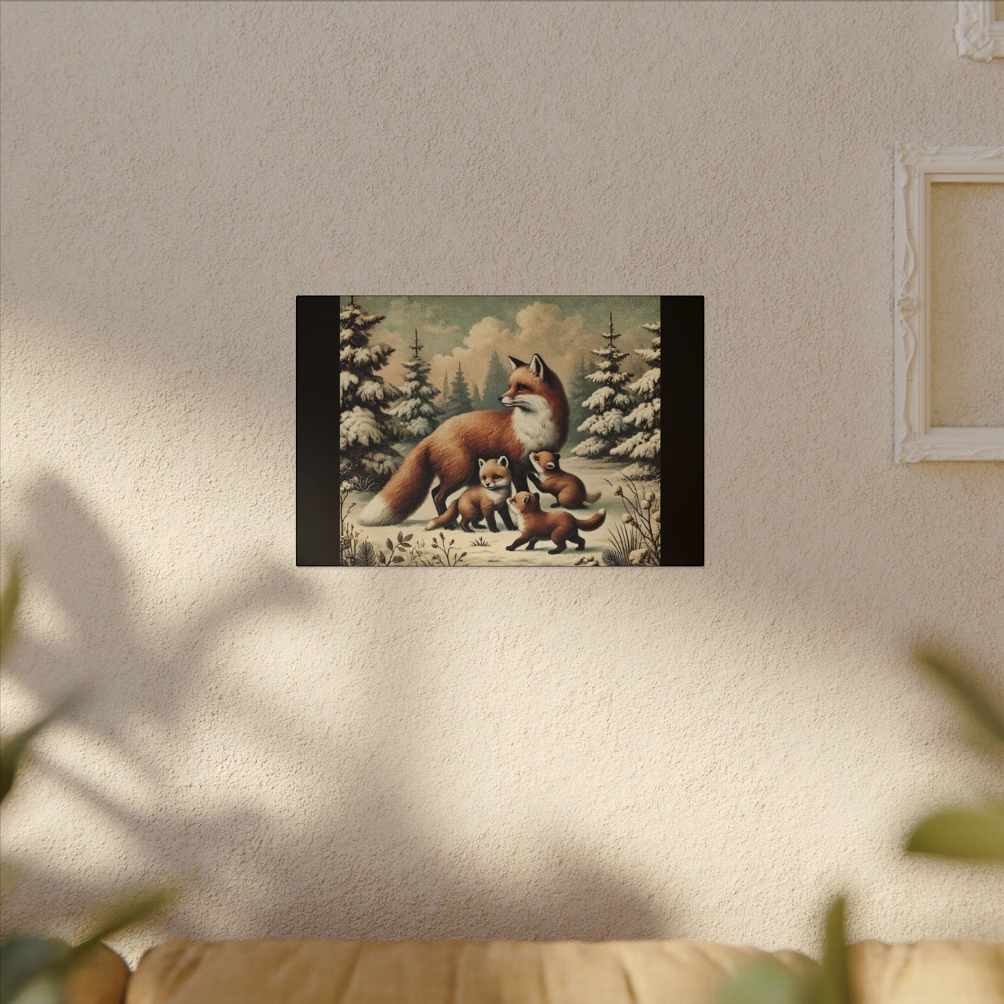 Winter Fox Family Theme- Black Canvas, Animal Wall Art, Nursery Idea