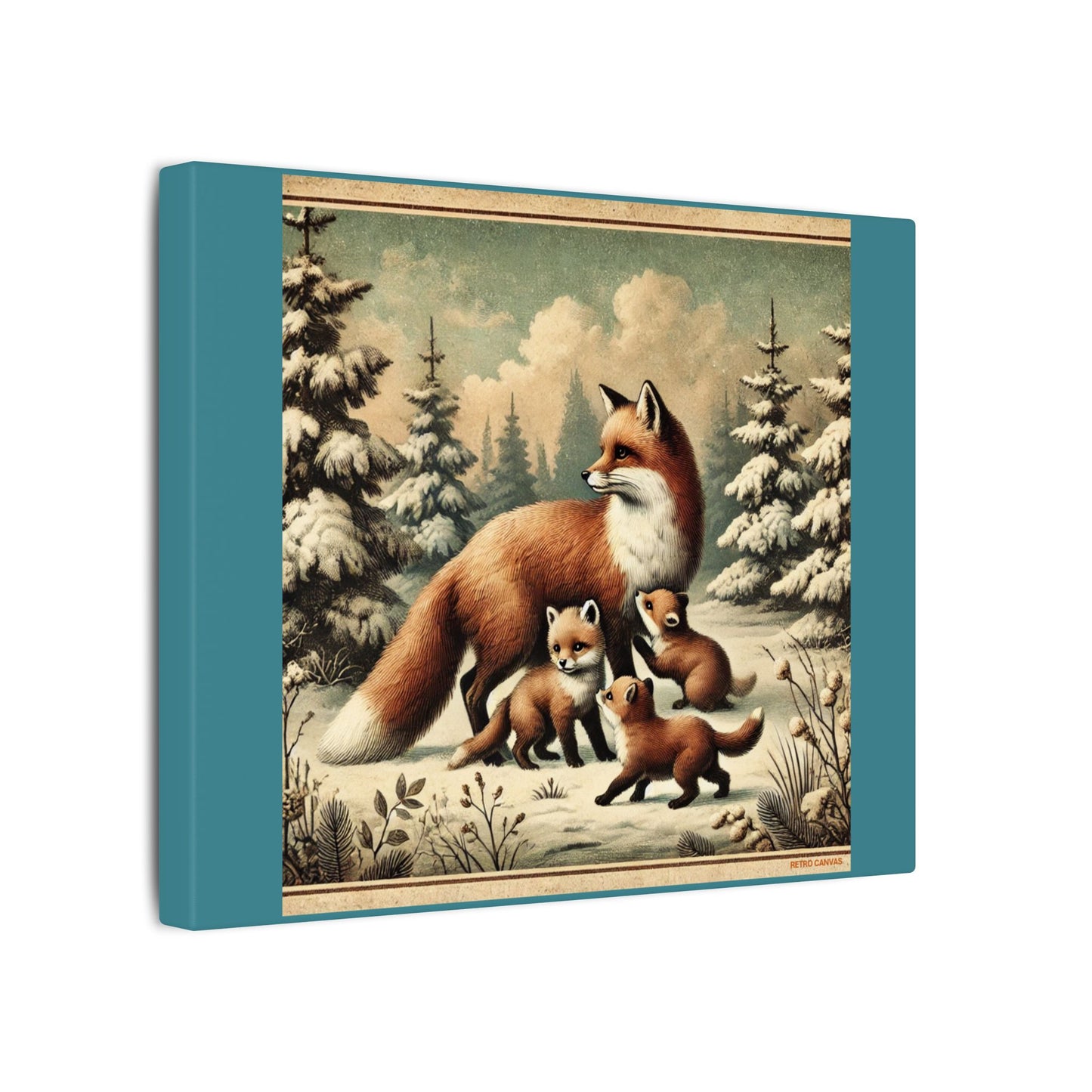 Winter Fox Family Theme- Vintage Green Canvas, Animal Wall Art, Nursery Idea