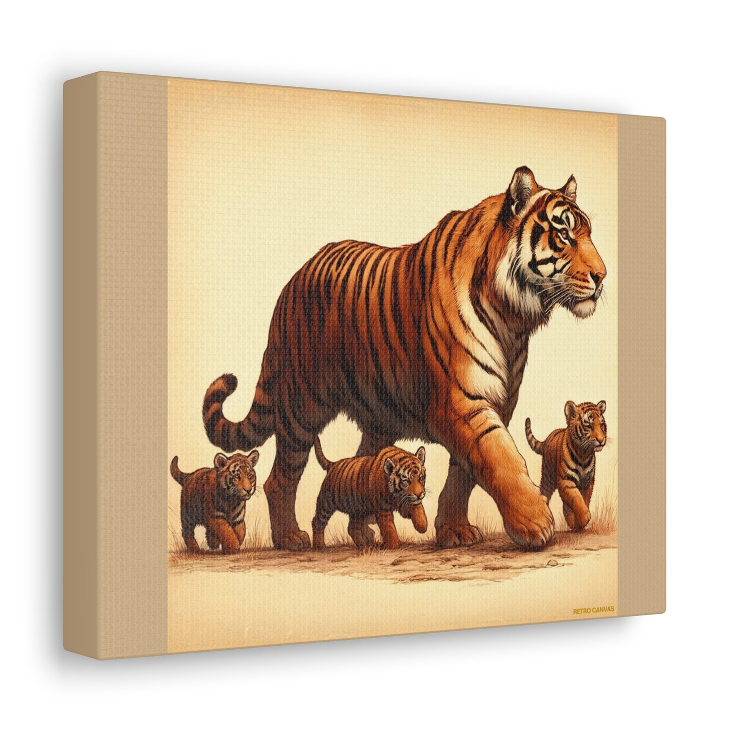 Tiger Family Animal Wall Art - Tan Canvas