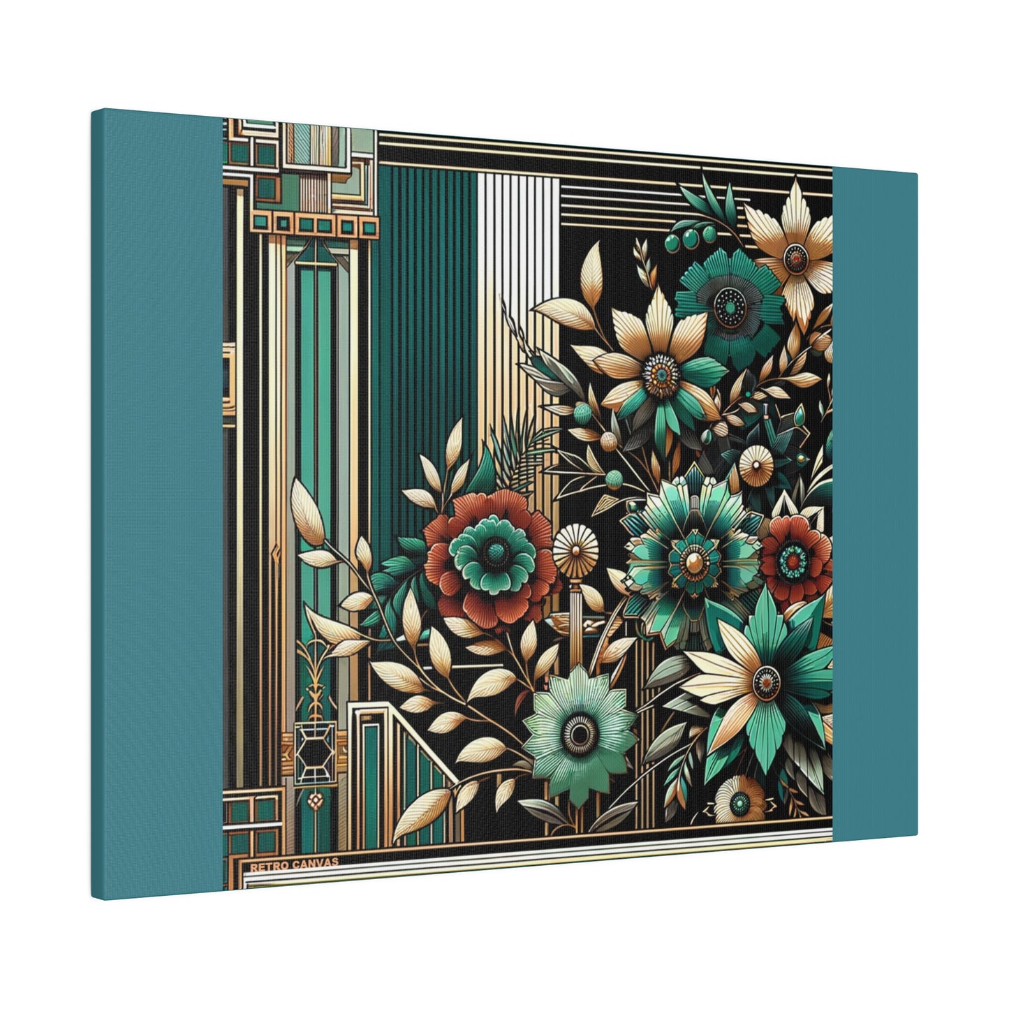 Floral Bouquet Art Deco Wall Art on Black Stretched Canvas