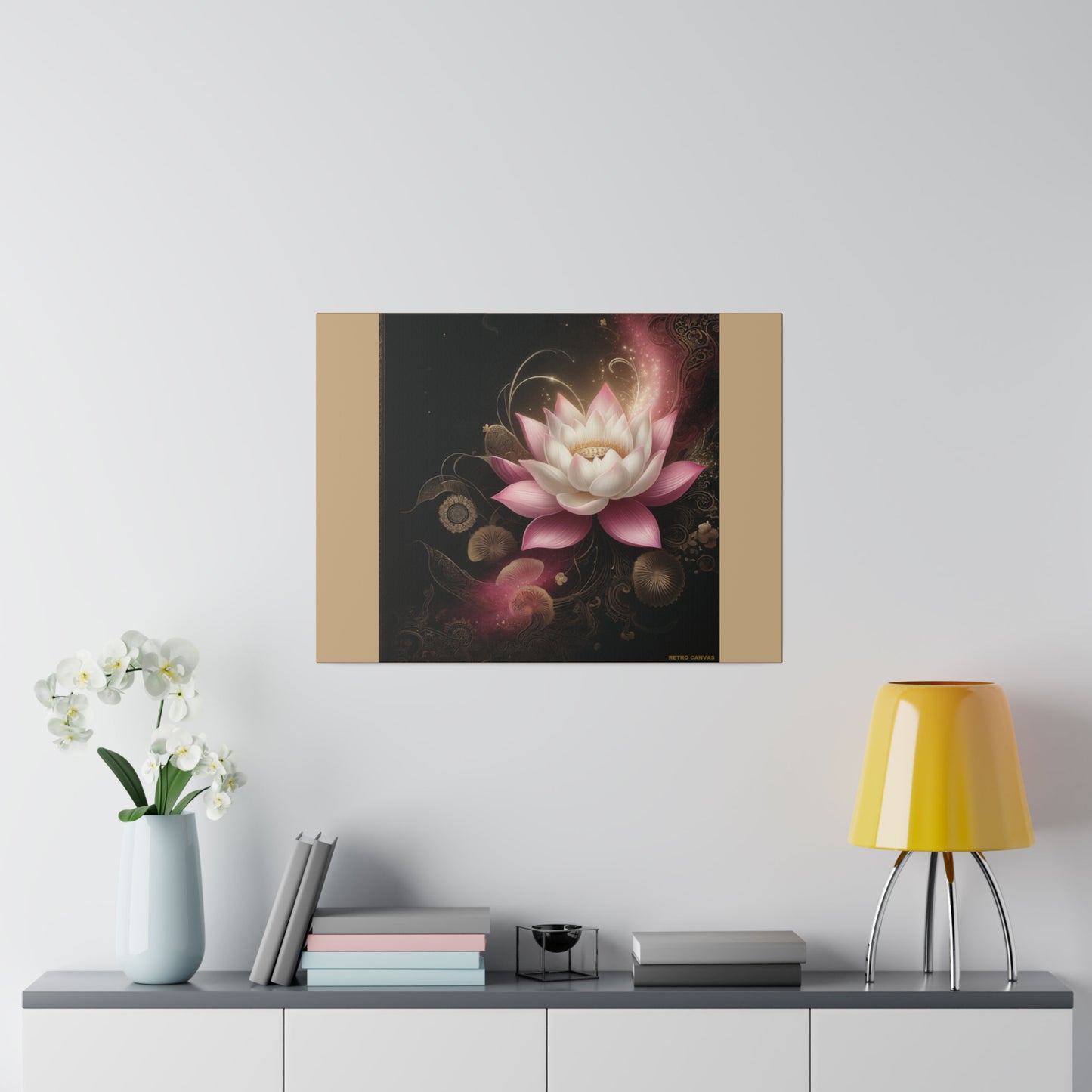 Ethereal Lotus Wall Art on Tan Stretched Canvas