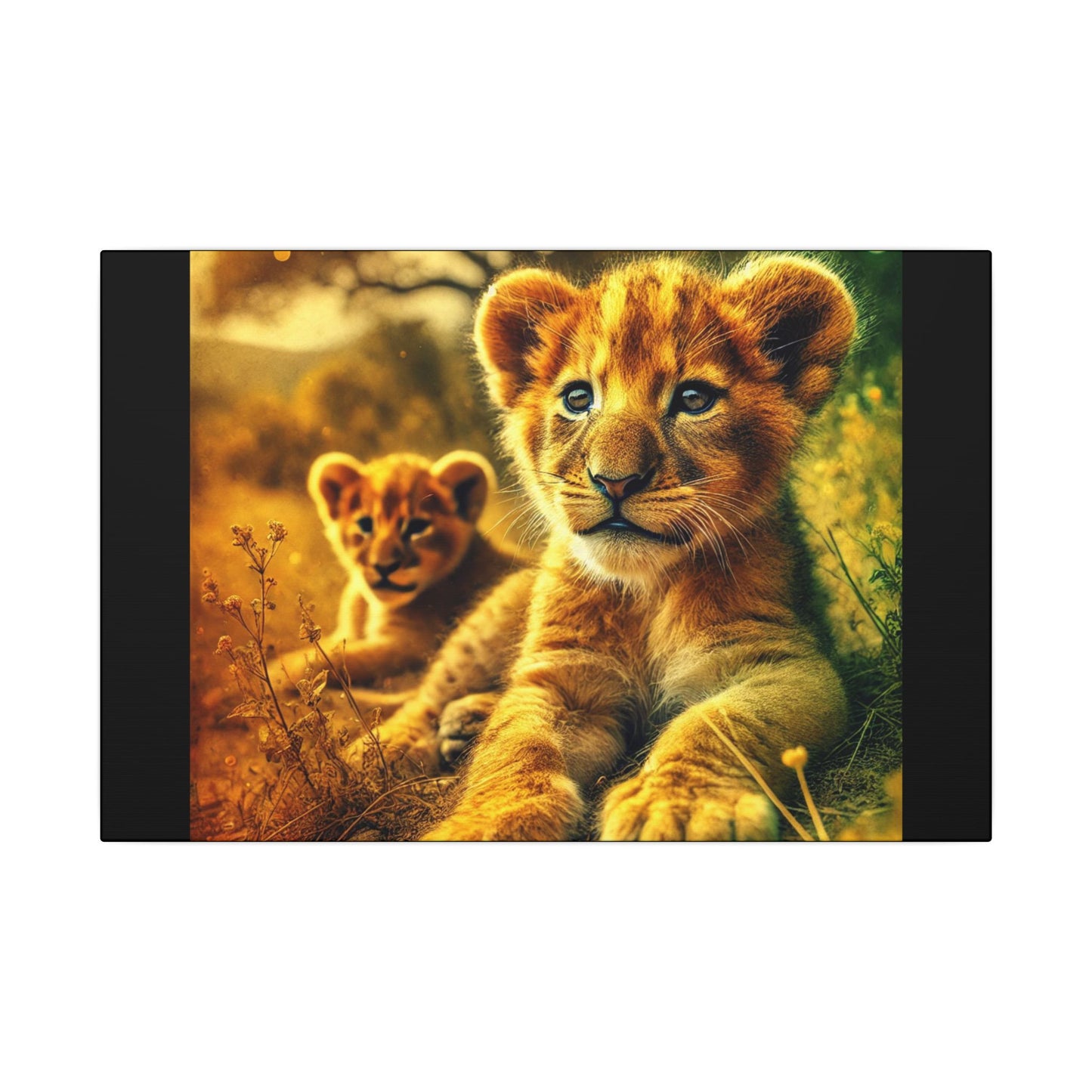 Lion Cubs Black Canvas Print| Resting Under Savanna Tree | Wildlife Wall Art | Safari Nature Animal Canvas| Nursery or Rustic Decor