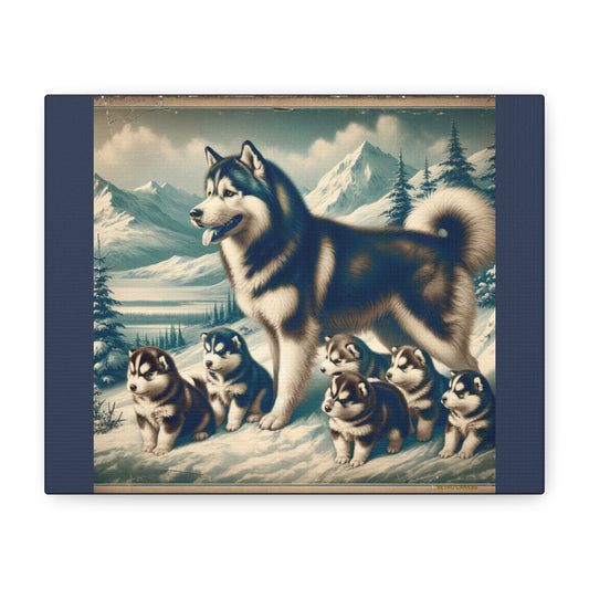 Alaskan Husky Family Animal Wall Art -Vintage Blue Canvas