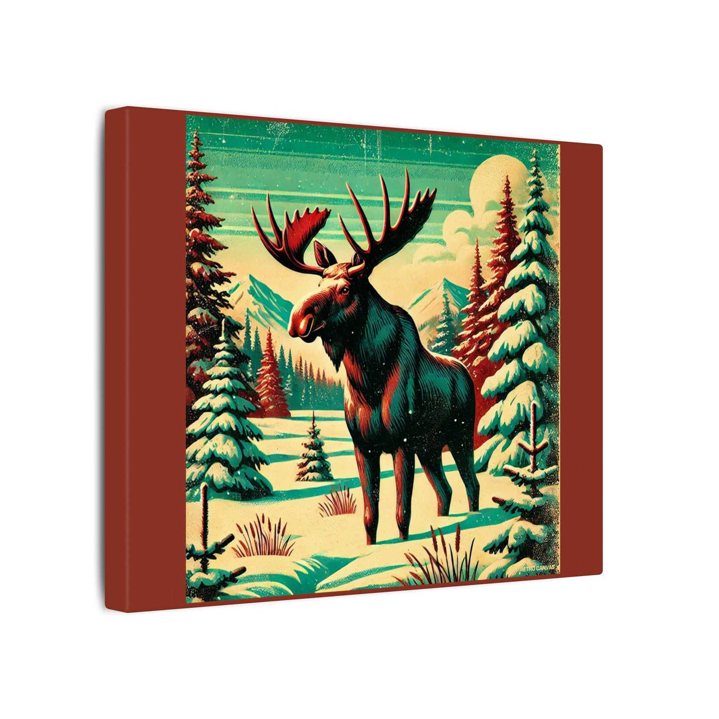 Retro Styled Moose - Burnt Umber Canvas, Animal Wall Art, Nursery Idea-Winter Scene