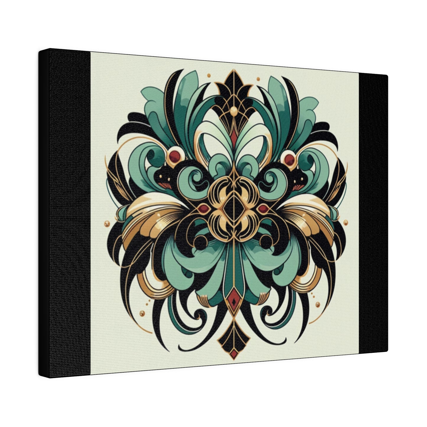 Green Black Gold Flower Art Deco Wall Art on Black Stretched Canvas