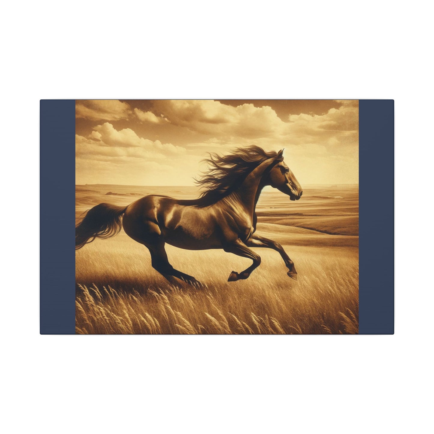 Running Horse Wall Art Horse Lovers Art |Vintage Blue Matte Stretched Canvas