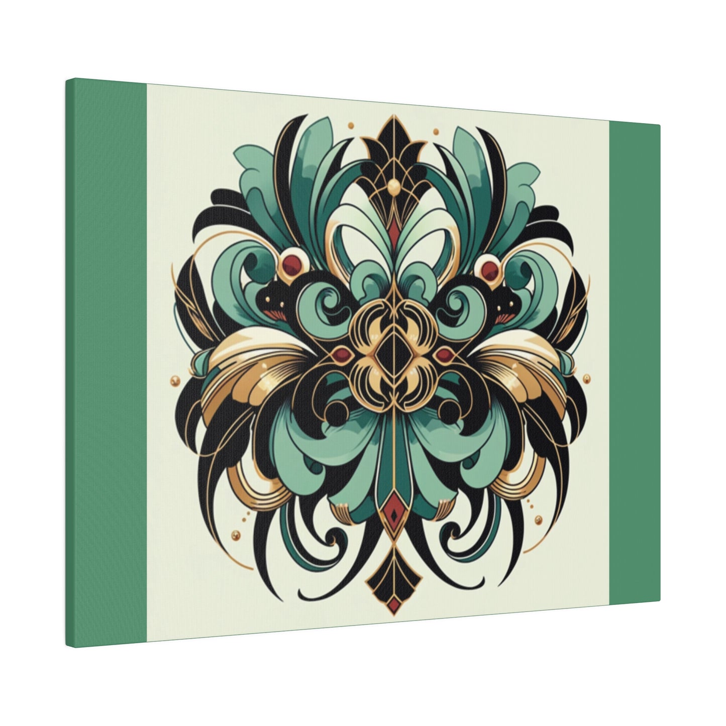 Green Black Gold Flower Art Deco Wall Art on Green Stretched Canvas