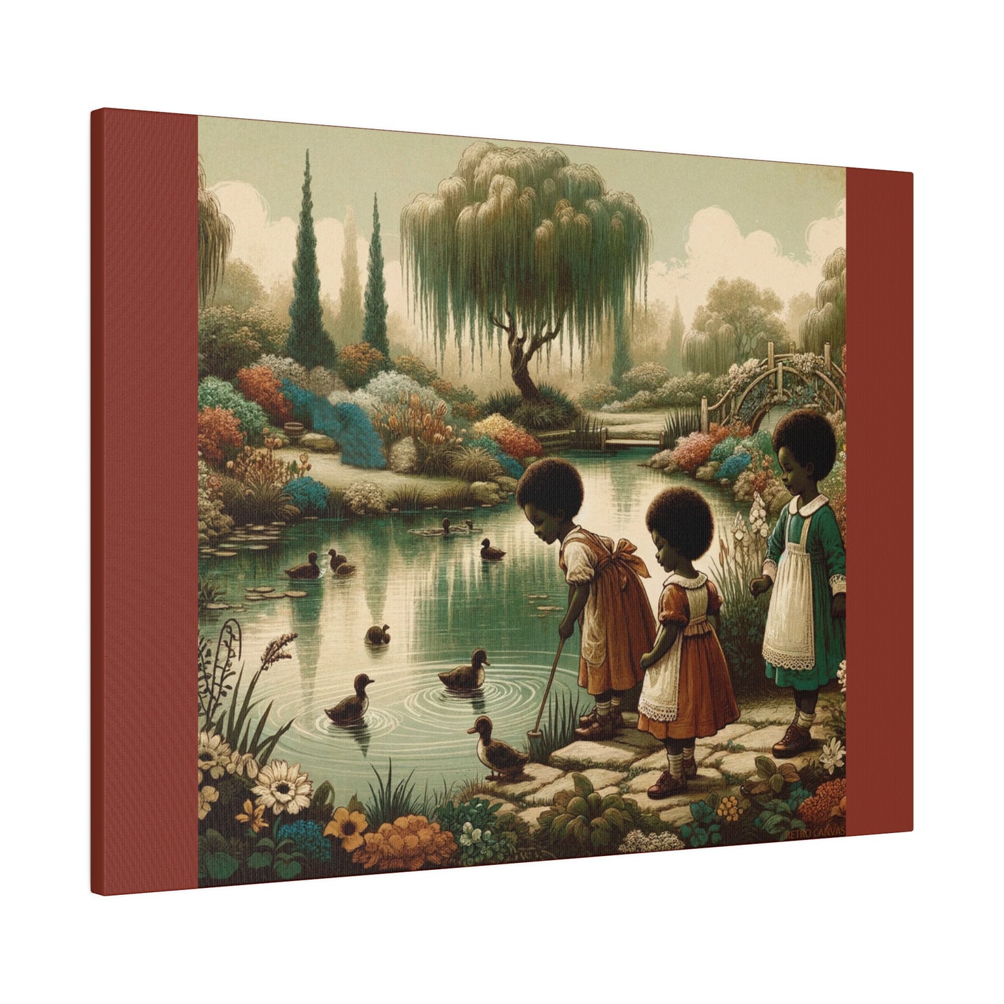 Children at the Pond - Burnt Umber Matte Stretched Canvas