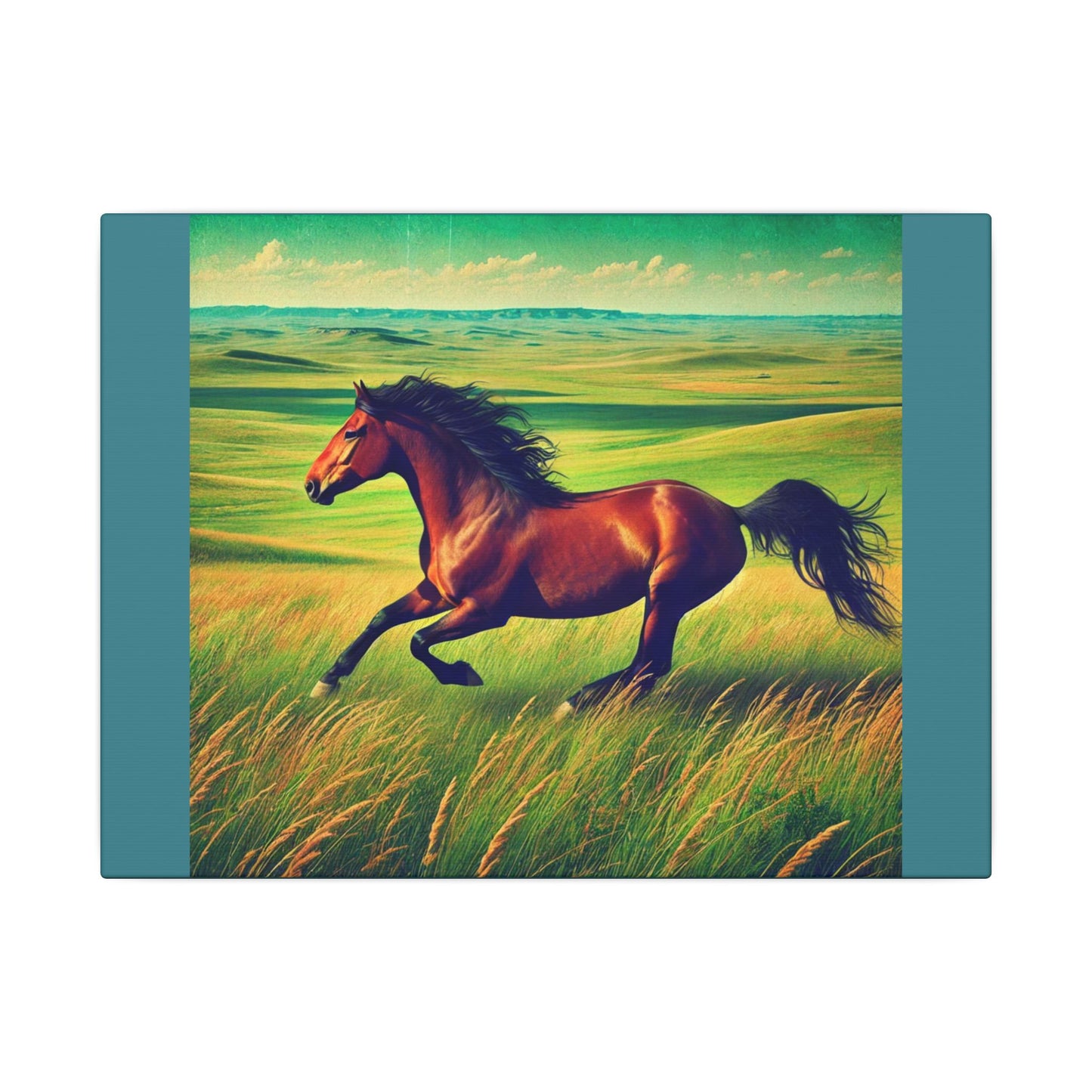 Vintage Green Canvas Gallery Wraps - Running Horse in Open Prairie