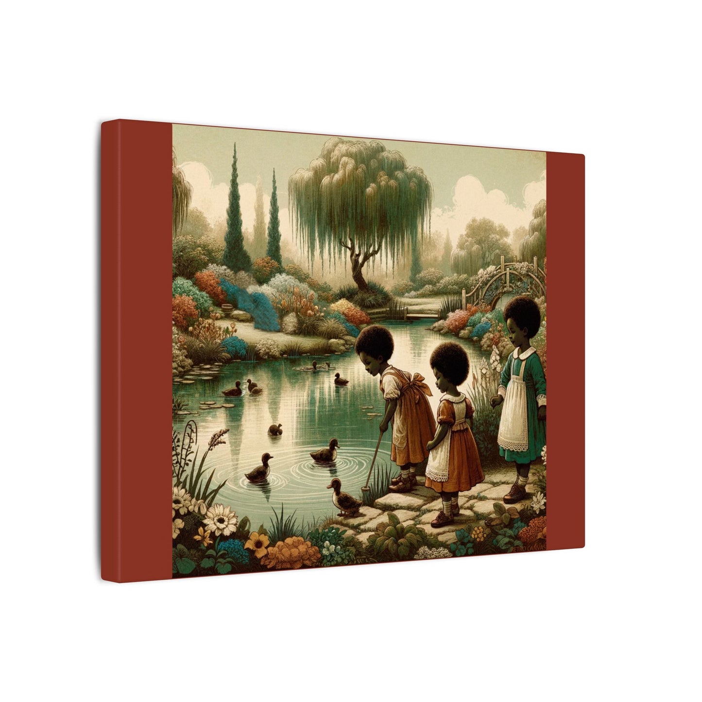 Enfants à l'étang - Toile tendue mate couleur terre d'ombre brûlée