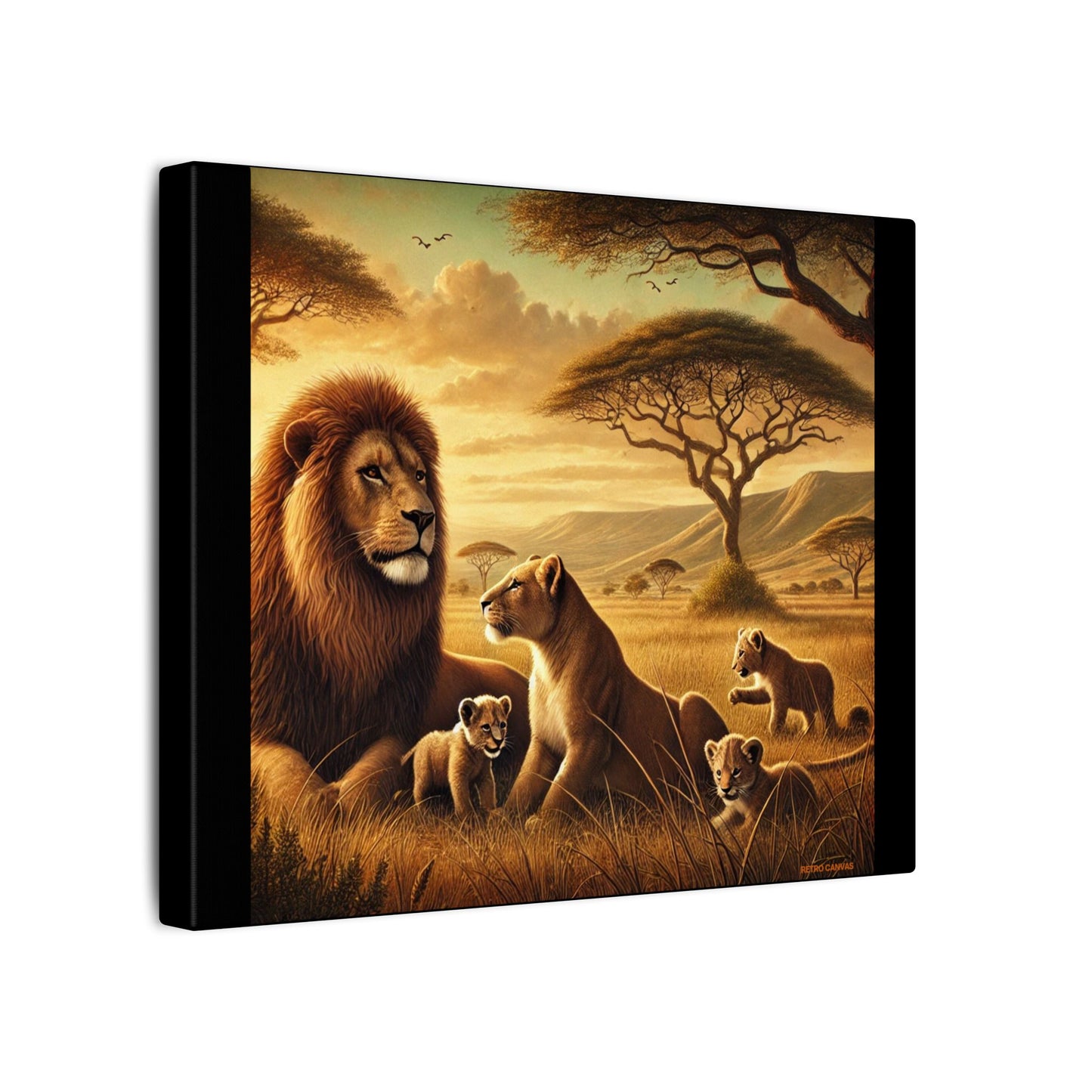 Majestic Lion Family- Black Canvas, Animal Wall Art, Nursery Idea