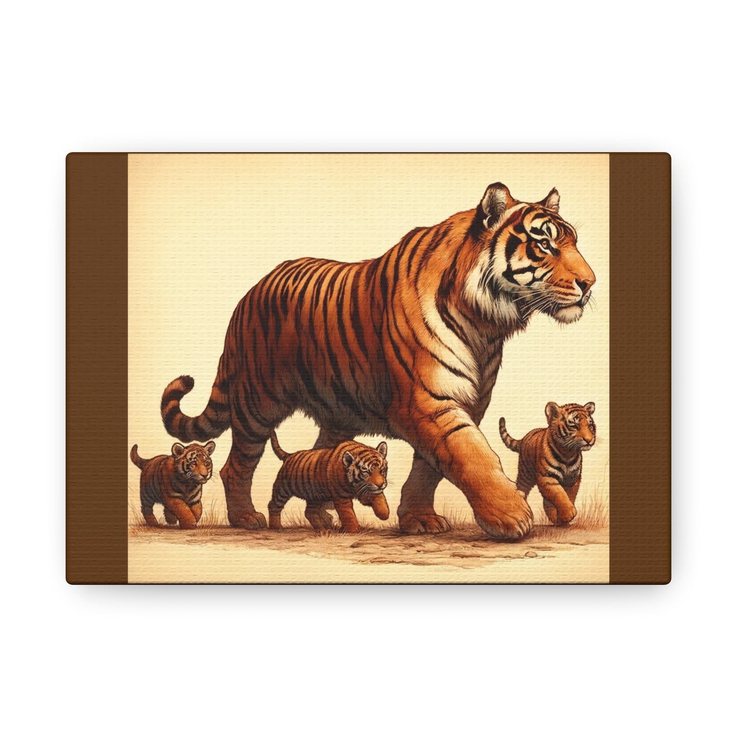 Décoration murale représentant une famille de tigres – Toile marron