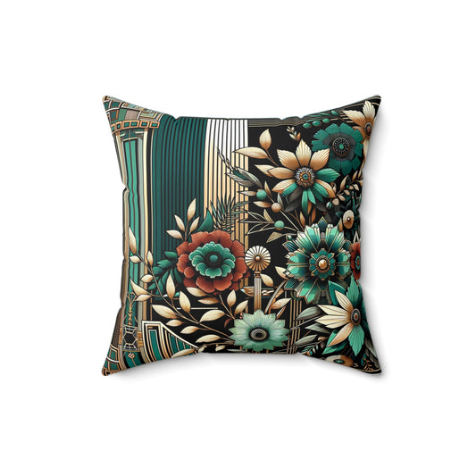 Floral Bouquet Art Deco-Vintage Green Broadcloth Pillow